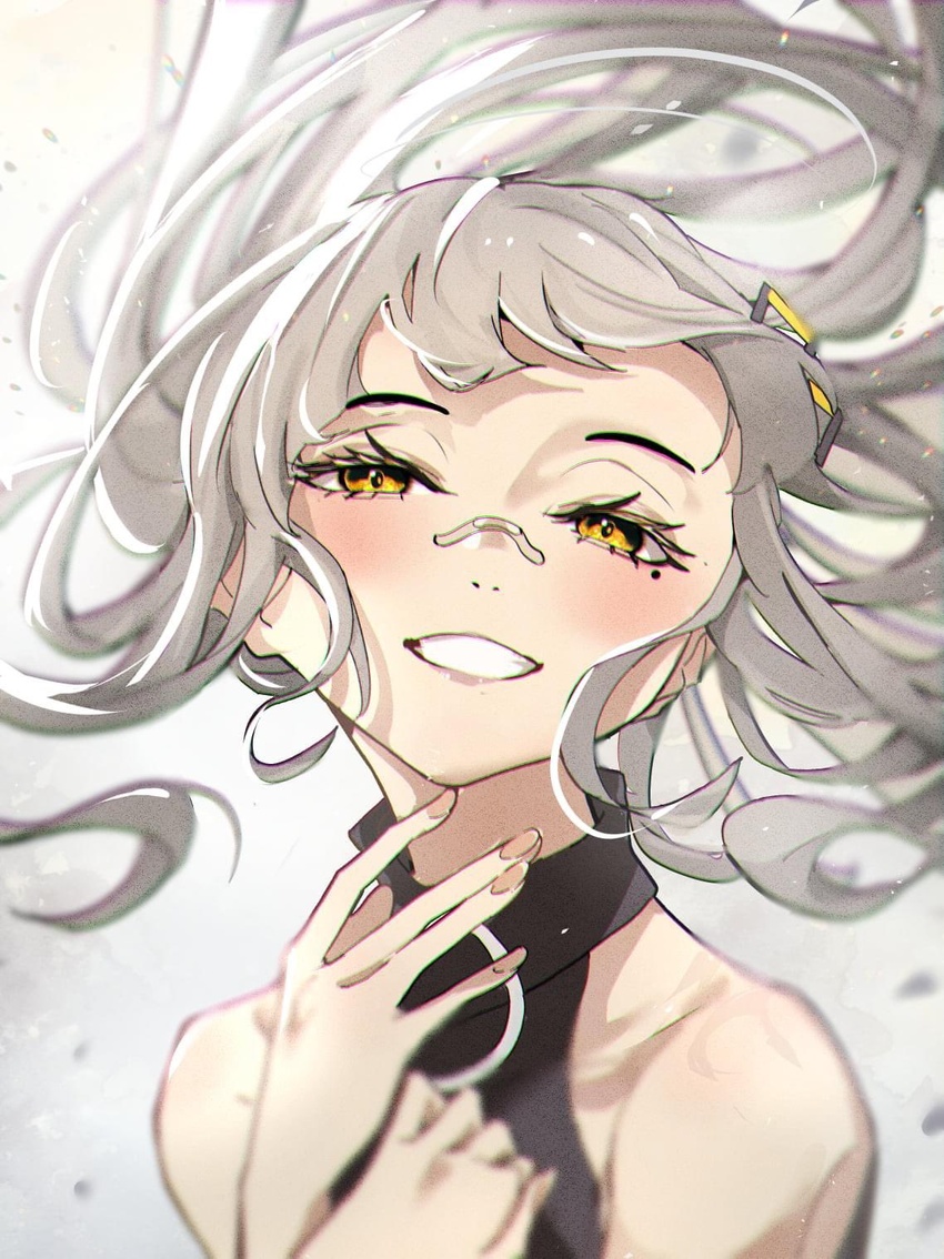 bandaid bandaid_on_face bandaid_on_nose blush brown_nails chinese_commentary collarbone female floating_hair grey_hair hachi_(live_union) half-closed_eyes halterneck head_tilt highres live_union long_hair longlong_(drasdr7513) looking_at_viewer mole mole_under_eye orange_eyes parted_lips smile solo virtual_youtuber