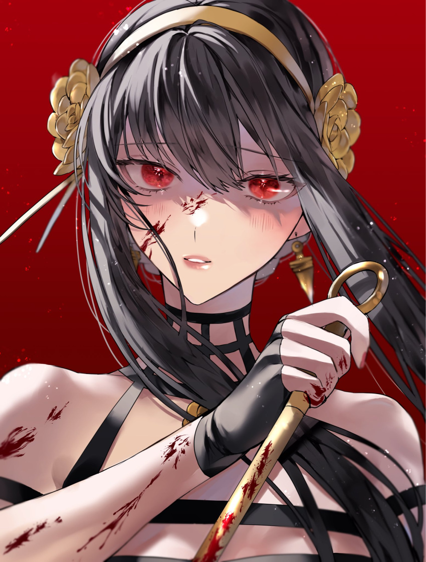 bare_shoulders black_dress black_gloves black_hair blood blood_on_arm blood_on_face blood_on_hands blood_on_weapon blush dagger dress earrings female fingerless_gloves flower gloves gold_earrings gold_hairband hair_between_eyes hair_bun hair_flower hair_ornament hairband highres holding holding_dagger holding_knife holding_weapon jewelry knife looking_at_viewer parted_lips red_background red_eyes rose shimatori_(sanyyyy) short_hair short_hair_with_long_locks sidelocks simple_background single_hair_bun solo spy_x_family upper_body weapon yor_briar