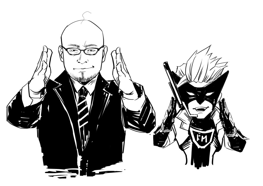 2boys absurdres bald formal glasses gloves greyscale highres kamiya_hideki mask monochrome multiple_boys nakamura_ikumi_(artist) necktie real_life suit the_wonderful_101 wonder_red