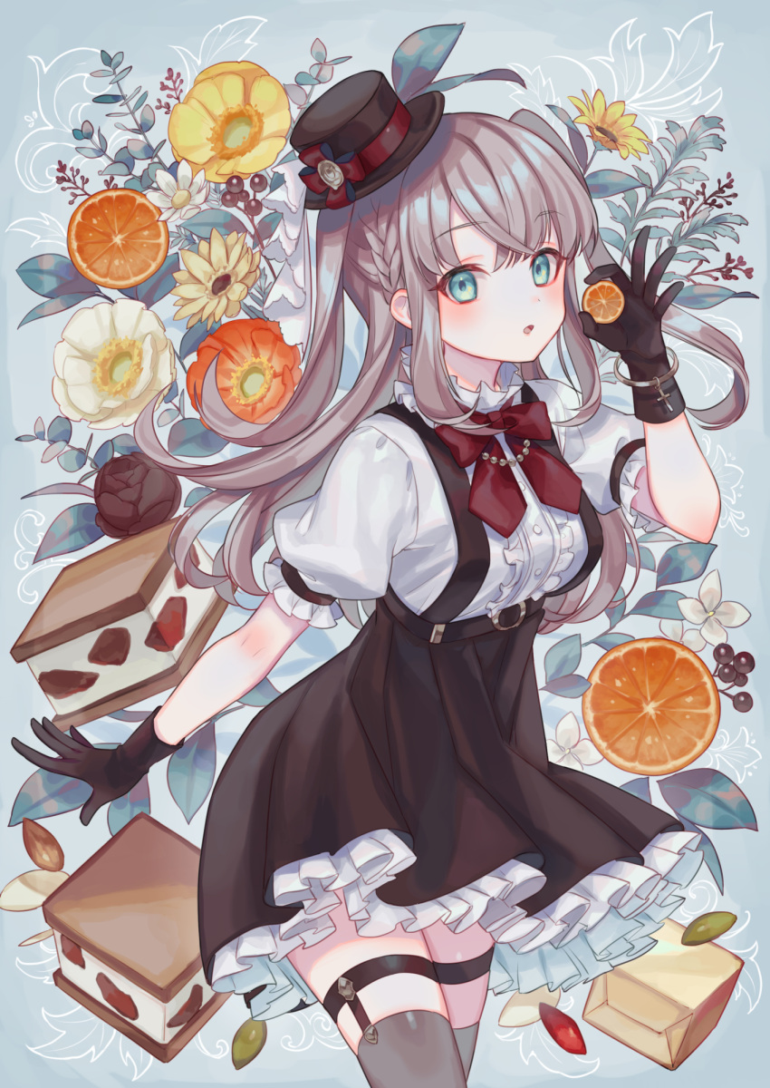 :o anemone_(flower) black_gloves black_hat black_skirt blue_background blush bow braid breasts brown_hair center_frills commentary_request female floral_background flower food frilled_skirt frills fruit gloves green_eyes grey_thighhighs hand_up hat highres holding holding_food ice_cream ice_cream_sandwich light_blush long_hair looking_at_viewer medium_breasts mini_hat orange_(fruit) orange_slice original parted_lips peony_(flower) pistachio pleated_skirt puffy_short_sleeves puffy_sleeves red_bow red_flower shirt short_sleeves skirt solo suspender_skirt suspenders suzaku_(zaku6584) thighhighs tilted_headwear two_side_up white_flower white_shirt yellow_flower