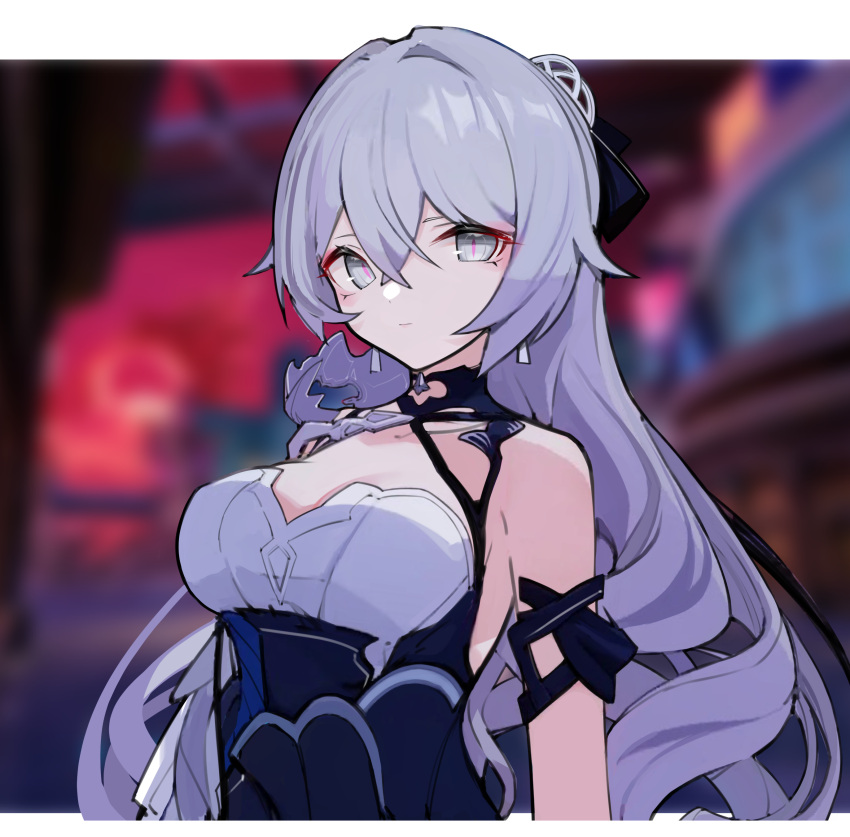 absurdres arm_ribbon bare_shoulders black_choker black_ribbon blurry blurry_background breasts bronya_zaychik bronya_zaychik_(silverwing:_n-ex) choker closed_mouth commentary dress drill_hair earrings error1980 expressionless female grey_eyes grey_hair hair_ribbon highres honkai_(series) honkai_impact_3rd jewelry long_hair looking_at_viewer medium_breasts multicolored_clothes multicolored_dress ribbon sleeveless sleeveless_dress slit_pupils solo upper_body very_long_hair