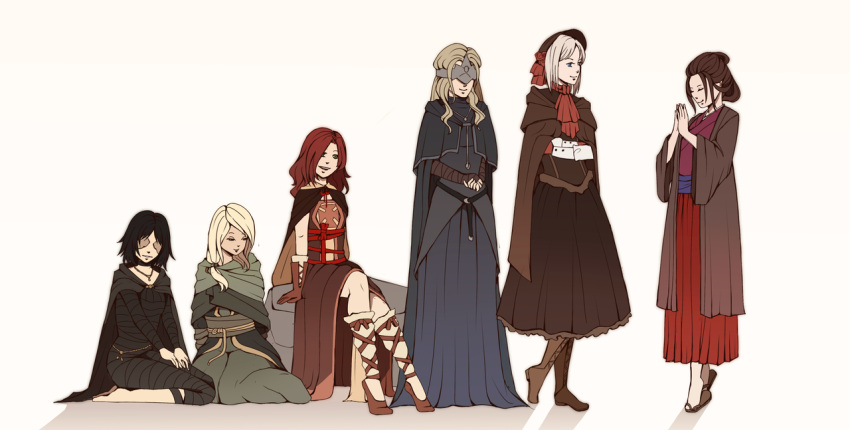 6+girls anastacia_of_astora ascot black_hair blonde_hair bloodborne bonnet brown_hair cape covered_eyes dark_souls_(series) dark_souls_i dark_souls_ii dark_souls_iii delsinsfire demon's_souls dress emerald_herald emma_the_gentle_blade fire_keeper maiden_in_black multiple_girls plain_doll red_hair robe sekiro:_shadows_die_twice silver_hair