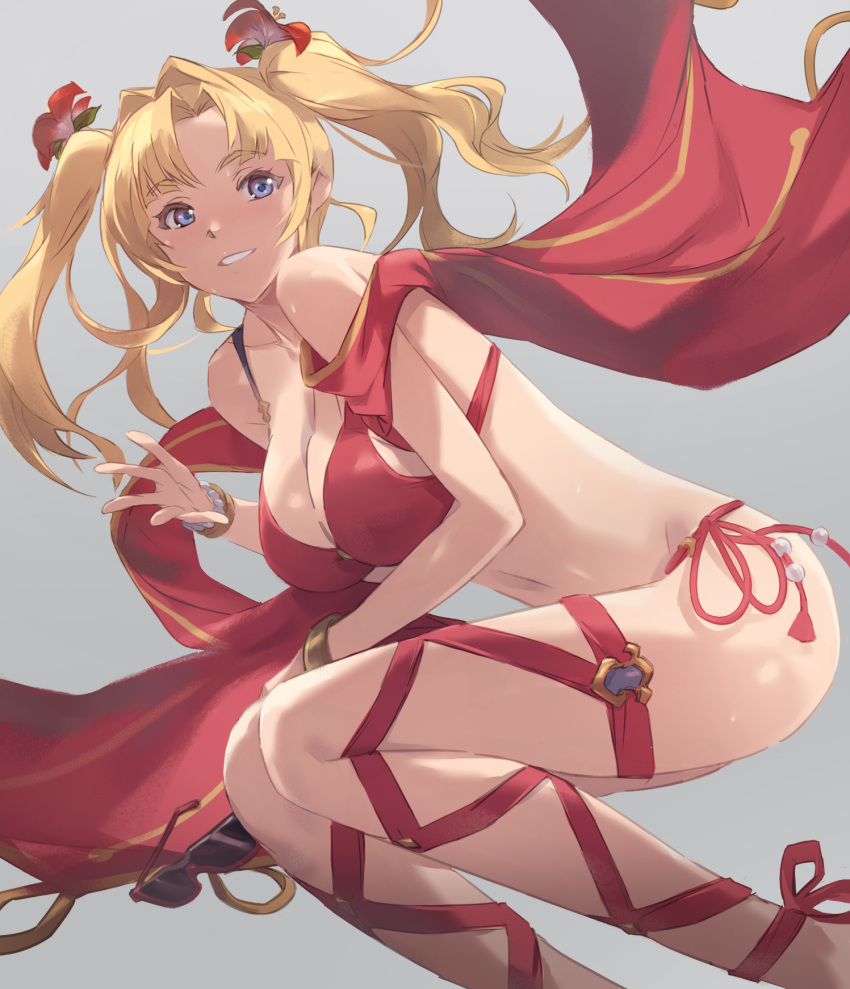 akira_(coffee_curry) bare_shoulders bikini blonde_hair blue_eyes blush bracelet breasts cleavage collarbone female flower granblue_fantasy grin hair_intakes hibiscus highres jewelry large_breasts long_hair looking_at_viewer official_alternate_costume red_bikini smile solo sunglasses swimsuit thighs twintails zeta_(granblue_fantasy) zeta_(summer)_(granblue_fantasy)