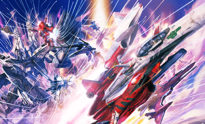 aerial_battle alien armor assault_visor battle contrail dogfight firing flying gerwalk gun highres holding holding_gun holding_weapon itano_circus looking_ahead looking_down macross macross_frontier macross_quarter mecha meltrandi missile missile_pod missiles official_art open_hand power_armor queadluun-rea realistic robot roundel s.m.s. science_fiction shoulder_cannon tenjin_hidetaka variable_fighter vb-6_konig_monster vehicle_focus vf-25 vf-27 weapon yf-29 zentradi