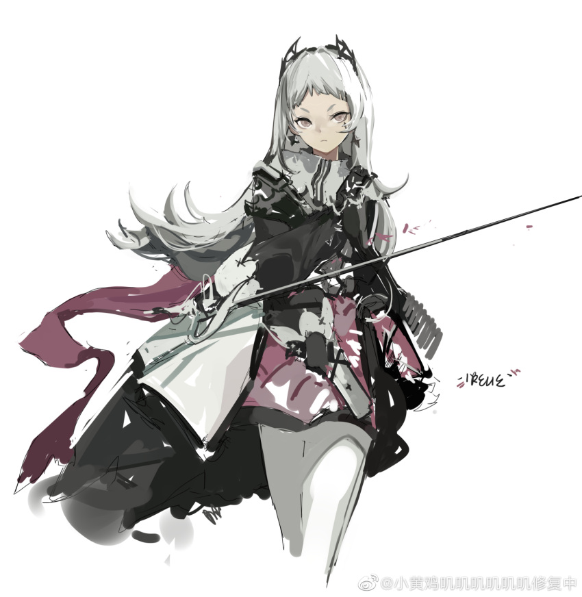 arknights artist_name closed_mouth commentary_request cropped_legs earrings facial_mark female forehead grey_hair head_wings highres holding holding_sword holding_weapon irene_(arknights) jewelry long_hair long_sleeves looking_at_viewer miniskirt pantyhose puffy_long_sleeves puffy_sleeves purple_skirt rapier shinnasuka025 simple_background skirt solo sword v-shaped_eyebrows weapon weibo_logo weibo_watermark white_background white_pantyhose wings