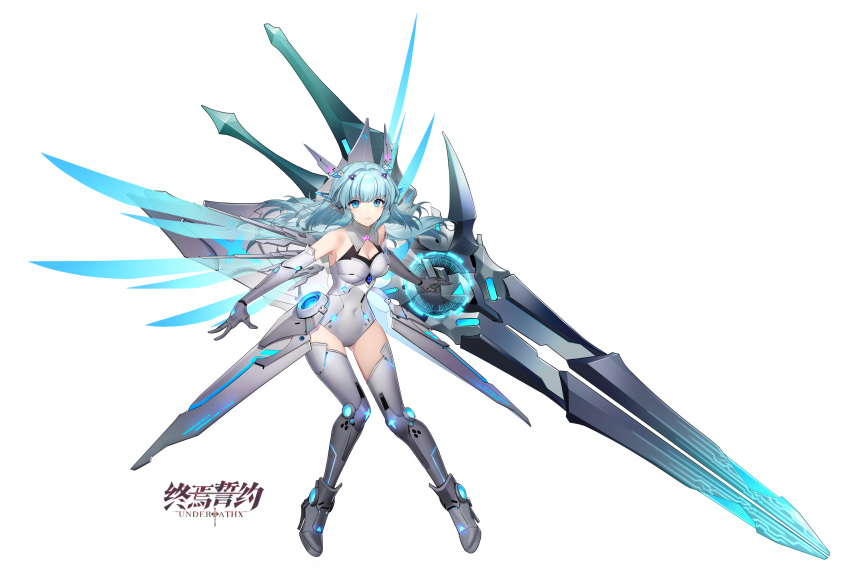 ankle_boots armor blue_eyes blue_gemstone blue_hair boots breasts character_request cleavage closed_mouth copyright_name covered_navel detached_wings elbow_gloves energy_wings faulds female full_body gem gloves grey_footwear grey_gloves grey_leotard grey_thighhighs headpiece high_heel_boots high_heels highres leotard long_hair looking_at_viewer medium_breasts official_art sidelocks simple_background solo spinel_(9057) thighhighs vow_of_heroes white_background wings