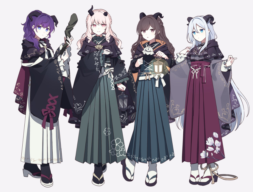 1other 25-ji_nightcord_de._(project_sekai) 3girls adapted_costume akiyama_mizuki asahina_mafuyu black_cape black_footwear black_kimono black_legwear blue_eyes blue_hair blue_hakama boku_no_ashiato_kimi_no_yukusaki_(project_sekai) bow braid broken_horn brown_eyes cape closed_mouth commentary frilled_sleeves frills geta green_hakama hakama hakama_skirt high_ponytail highres holding holding_lantern holding_staff horns japanese_clothes kimono lantern long_hair long_sleeves looking_at_viewer multiple_girls official_alternate_hair_length official_alternate_hairstyle pink_eyes pink_hair pink_hakama project_sekai purple_kimono red_bow shinonome_ena shirt skirt smile socks staff tabi very_long_hair waka_(wk4444) white_hair white_hakama white_legwear white_shirt wide_sleeves yoisaki_kanade