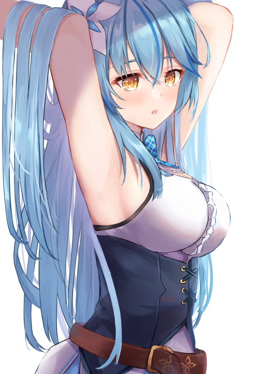 armpits arms_up belt blue_hair blush breasts colored_tips female flower hair_between_eyes hair_flower hair_ornament highres hololive large_breasts long_hair looking_at_viewer multicolored_hair open_mouth simple_background sleeveless solo streaked_hair virtual_youtuber white_background yellow_eyes yukihana_lamy yukihana_lamy_(1st_costume) yuzuki4no