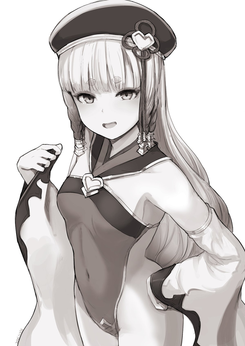 bare_shoulders beret braid breasts covered_navel detached_sleeves erune eyeliner female granblue_fantasy greyscale hat highres long_hair looking_at_viewer makeup monochrome multiple_braids nosuku open_mouth pholia quad_braids short_eyebrows side_braids sideless_outfit small_breasts smile solo thighs very_long_hair wide_sleeves