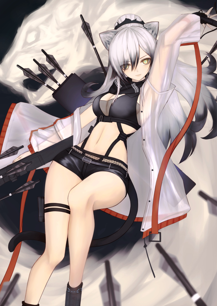 animal_ears arknights arm_up arrow_(projectile) bandeau belt black_background black_shorts blurry bow_(weapon) breasts cat_ears cat_tail cleavage closed_mouth coat commentary_request crossbow crossbow_bolt depth_of_field eyeshadow feet_out_of_frame female fingerless_gloves gloves green_pupils grey_hair highres long_hair looking_at_viewer makeup multicolored_hair navel off_shoulder open_clothes open_coat ponytail quiver scarf schwarz_(arknights) see-through short_shorts shorts single_fingerless_glove solo tactical_clothes tail thigh_strap thighs thomas_8000 tsurime two-tone_hair weapon white_panther yellow_eyes