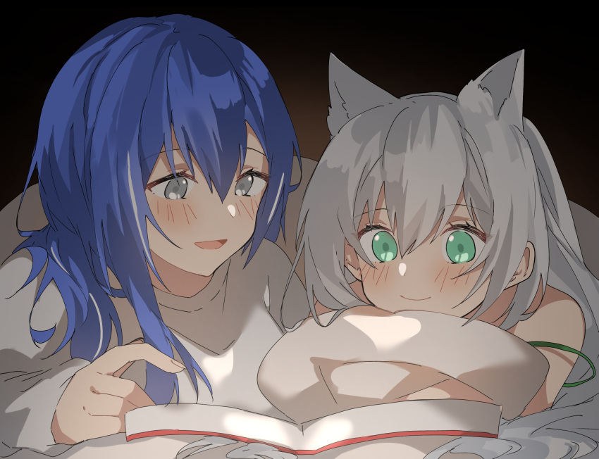 2girls animal_ears aogisa bad_id bad_twitter_id blue_hair blush book dp-12_(girls'_frontline) girls'_frontline grey_hair highres ksvk_(girls'_frontline) long_hair looking_at_another looking_down lying mother_and_daughter multiple_girls on_stomach open_mouth shirt simple_background smile white_shirt