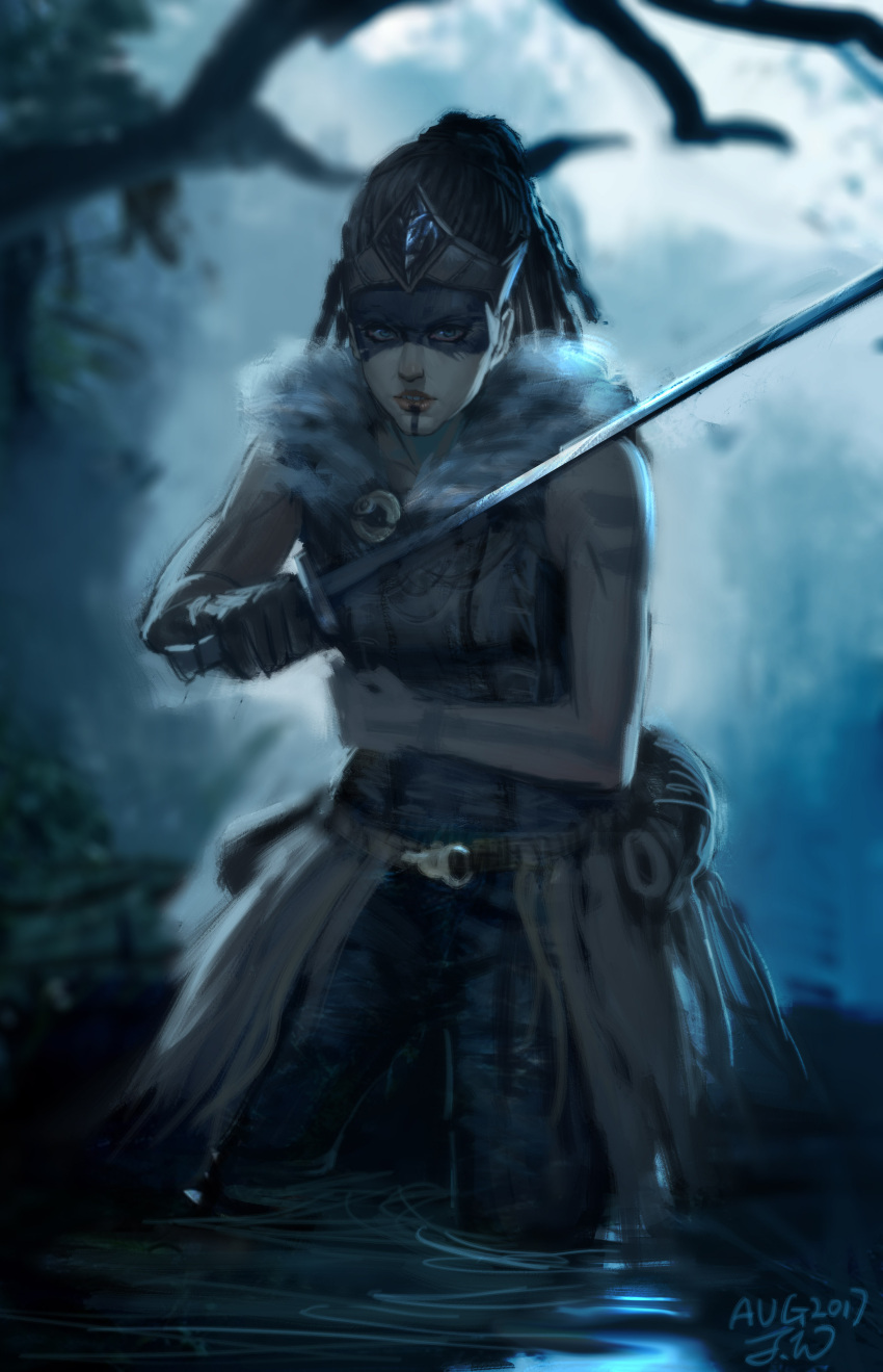 absurdres celtic facepaint female fighting_stance fur_collar fur_trim hair_pulled_back headdress hellblade highres holding holding_sword holding_weapon jefwu senua sword war_paint warrior weapon