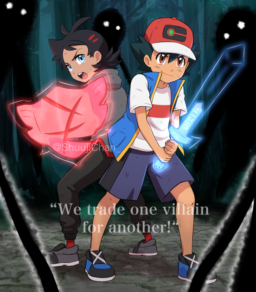 2boys antenna_hair baseball_cap black_hair black_pants blue_eyes blue_jacket commentary commission english_text forest goh_(pokemon) grey_footwear grey_shirt halo_(series) halo_3 hat highres holding holding_sword holding_weapon jacket male_focus multiple_boys nature open_mouth pants parody pokemon pokemon_(anime) pokemon_journeys red_footwear rusted_shield_(pokemon) rusted_sword_(pokemon) sara_bon satoshi_(pokemon) shirt shoes short_hair short_sleeves shorts sleeveless sleeveless_jacket socks sword t-shirt teeth tongue upper_teeth_only weapon white_shirt