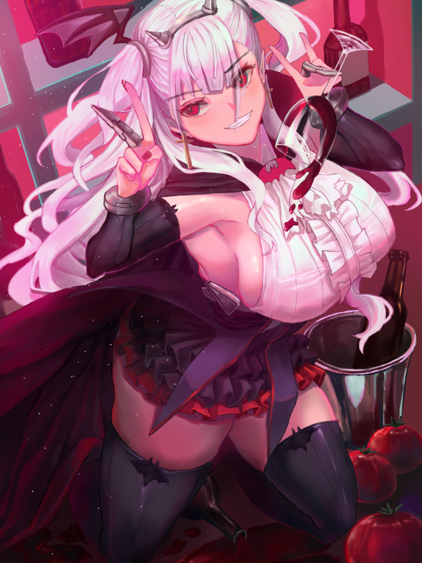 alcohol breasts cape cross cross_earrings cup draculina_(last_origin) drinking_glass earrings fake_horns female grin highres horns jewelry large_breasts last_origin looking_to_the_side mochigana red_eyes ribbed_shirt shirt sideboob smile solo thighhighs two-tone_cape two_side_up v vampire white_hair wine wine_glass wing_hair_ornament