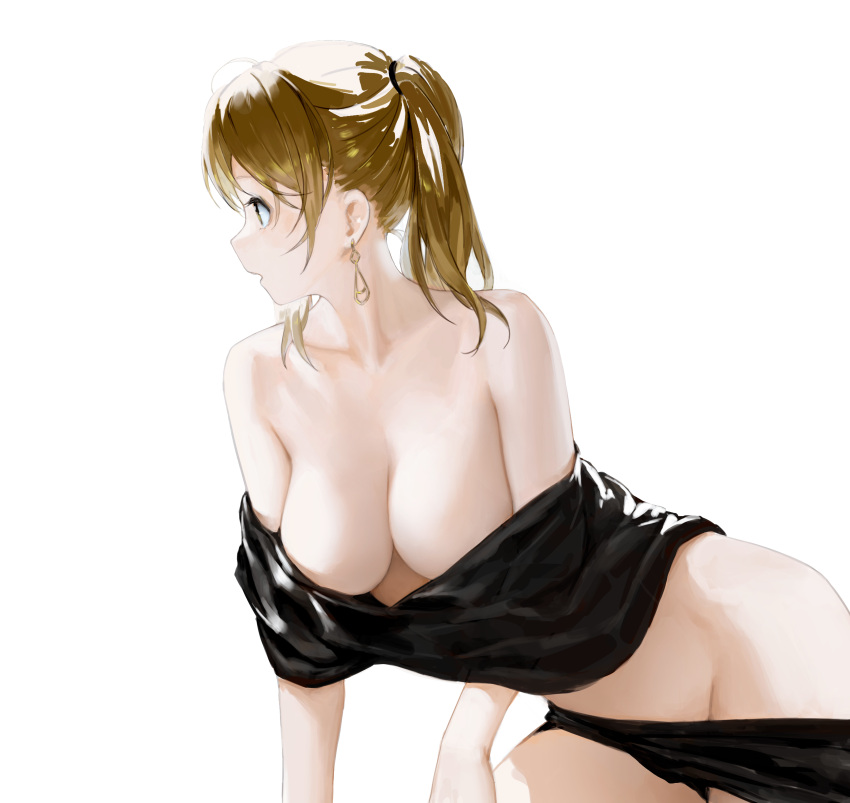 absurdres blonde_hair breasts cloak commentary cowboy_shot earrings egk513 female groin hair_over_shoulder highres jewelry large_breasts leaning_forward looking_away medium_hair naked_shawl original profile simple_background solo symbol-only_commentary twintails white_background