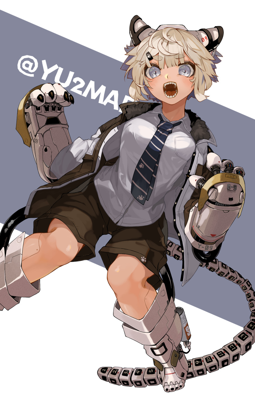 :o absurdres bad_id bad_pixiv_id blonde_hair blue_necktie breast_pocket breasts claws cyborg dress_shirt dutch_angle female foot_out_of_frame fur-trimmed_jacket fur_trim grey_background grey_eyes hair_ornament hairclip highres jacket long_sleeves looking_at_viewer mechanical_arms mechanical_boots mechanical_ears mechanical_tail necktie open_clothes open_jacket open_mouth original paw_print pocket sharp_teeth shirt short_hair shorts small_breasts solo striped_necktie tail teeth twitter_username two-tone_background white_background white_shirt yunimaru