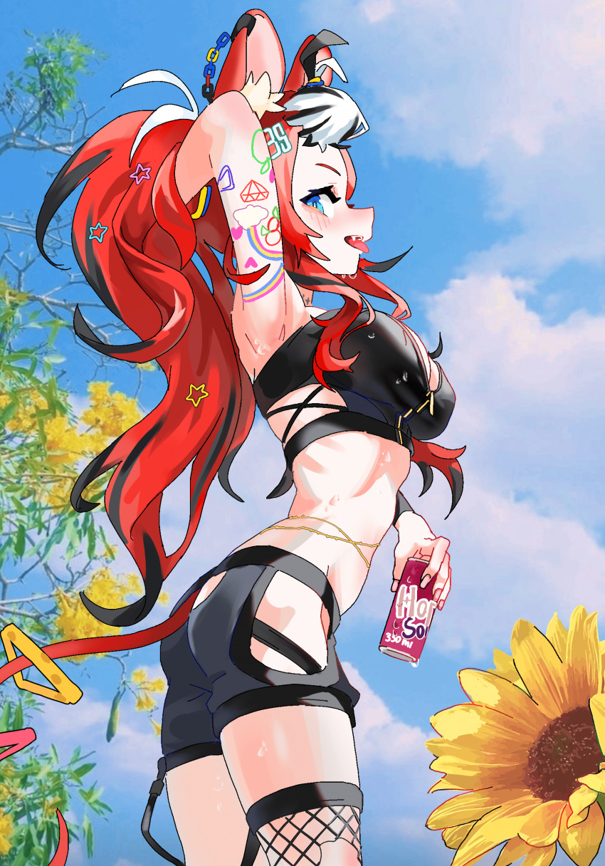 absurdres animal_ears armpits ass asymmetrical_legwear black_shorts blue_eyes breasts can chains cleavage covered_nipples cowboy_shot crop_top drink_can fangs female fishnet_thighhighs fishnets flower from_side garter_straps gurumie hakos_baelz hakos_baelz_(casual) highres holding holding_can holding_own_hair hololive hololive_english long_hair medium_breasts midriff mouse_ears mouse_girl mouse_tail official_alternate_costume official_alternate_hairstyle open_mouth outdoors profile red_hair short_shorts shorts sideways_glance sky soda_can solo sunflower tail tattoo thighhighs virtual_youtuber