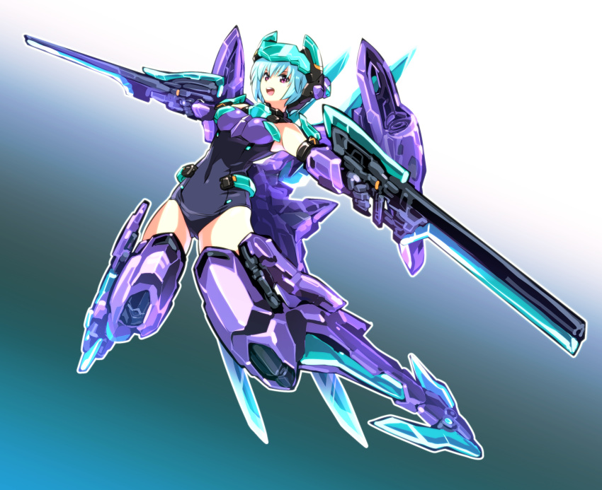 black_leotard blue_hair boots breasts brown_eyes commentary_request covered_navel dual_wielding female floating frame_arms_girl gunblade highres holding holding_weapon hresvelgr ishiyumi leotard mecha_musume medium_breasts open_mouth science_fiction solo thigh_boots thighhighs visor_(armor) weapon