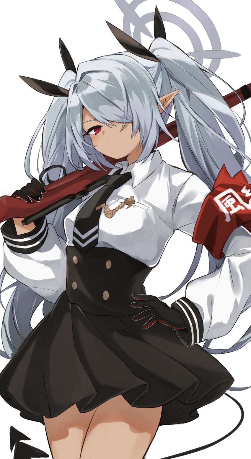 armband bad_id bad_twitter_id blue_archive dark-skinned_female dark_skin demon_tail female freenote_mr gloves grey_hair gun hair_ornament hair_over_one_eye halo highres iori_(blue_archive) long_hair looking_at_viewer necktie pointy_ears red_eyes rifle school_uniform simple_background solo tail twintails weapon white_background