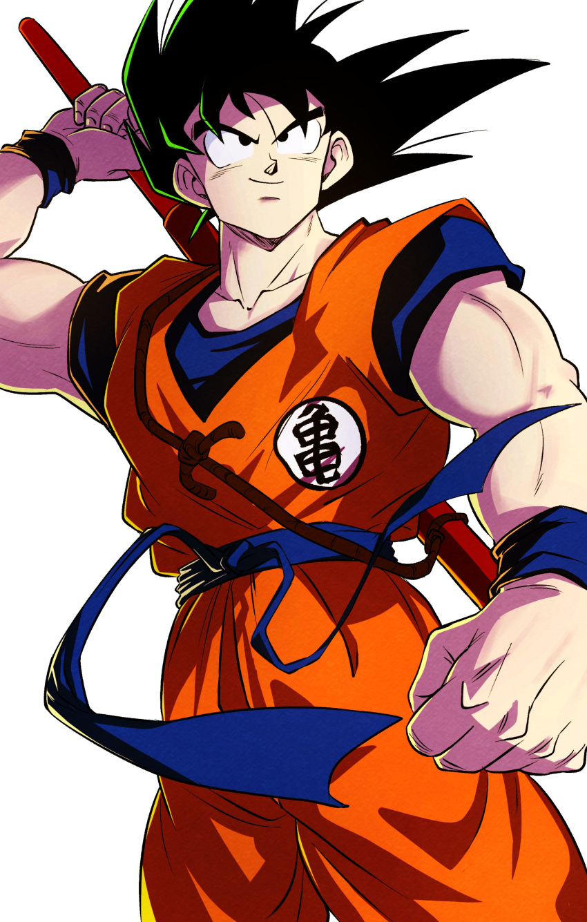 1boy absurdres arm_at_side arm_up black_eyes black_hair blue_sash blue_wristband bo_staff clenched_hand closed_mouth clothes_writing collarbone colorful commentary_request cowboy_shot dougi dragon_ball dragon_ball_(classic) dragon_ball_z dutch_angle facing_viewer fingernails hand_on_weapon highres kanji looking_afar male_focus messy_hair muscular muscular_male obi orange_pants pants ruyi_jingu_bang sash sekitsuki_hayato short_sleeves sidelighting simple_background smirk solo son_goku spiked_hair undershirt weapon white_background wristband