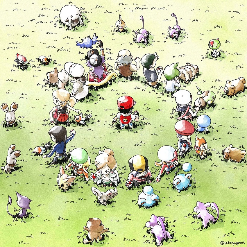 5girls 6+boys aurea_juniper backwards_hat baseball_cap beanie beret bianca_(pokemon) bidoof bird black_gloves black_hair black_shirt blonde_hair blue_jacket blue_pants brown_hair bunnelby calem_(pokemon) chimchar circle_formation collared_shirt commentary_request dawn_(pokemon) dude_(pokemon) ethan_(pokemon) fingerless_gloves fletchling from_above gloves grass green_hair green_headwear green_skirt grey_hair grubbin hair_bun hand_in_pocket hat holding holding_poke_ball jacket kukui_(pokemon) lab_coat leon_(pokemon) lillipup long_hair long_sleeves lucas_(pokemon) lyra_(pokemon) marill minccino multiple_boys multiple_girls old_man_(pokemon) orange_jacket overalls pants patrat pikipek piplup pleated_skirt poke_ball poke_ball_(basic) pokemon pokemon_(creature) pokemon_bw pokemon_bw2 pokemon_dppt pokemon_gsc pokemon_hgss pokemon_platinum pokemon_rgby pokemon_rse pokemon_sm pokemon_swsh pokemon_xy pokeyugami ponytail purrloin ralts rattata red_(pokemon) red_headwear red_jacket red_shirt red_skirt retro_artstyle rockruff rookidee scarf serena_(pokemon) shirt short_hair short_sleeves single_hair_bun skirt standing t-shirt turtwig wally_(pokemon) weedle white_headwear white_scarf white_shirt wooloo zigzagoon