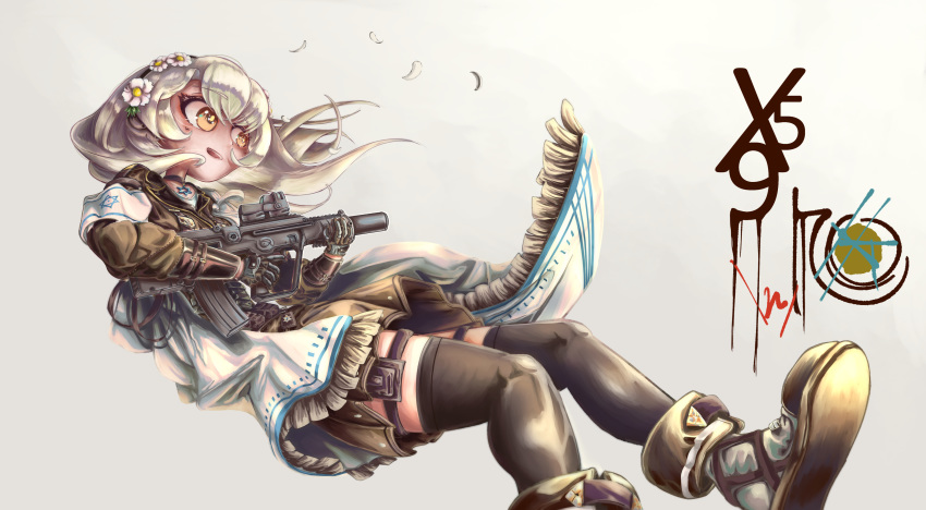 absurdres assault_rifle black_gloves blonde_hair blush breasts bullpup cape choker female flower girls'_frontline gloves gun hair_between_eyes hair_flower hair_ornament hairband hexagram highres holding iwi_tavor iwi_x95 jacket long_hair looking_at_viewer rifle sabaori_gekijou sidelocks solo star_of_david weapon x95_(girls'_frontline) yellow_eyes