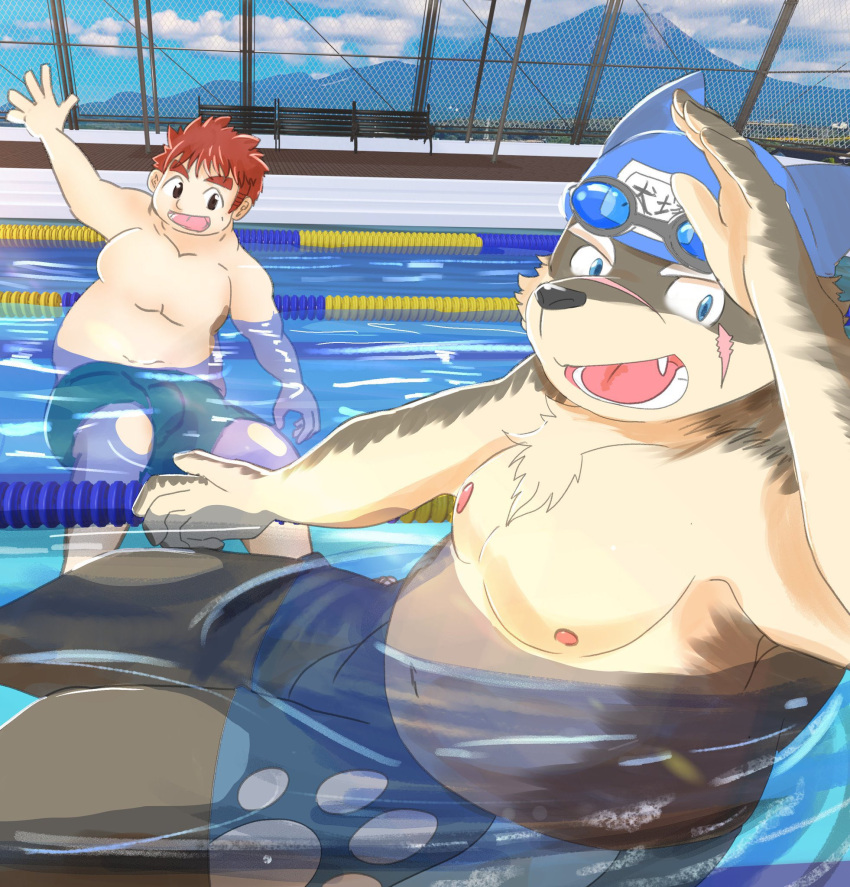 anthro canid canine canis clothing domestic_dog duo hair hi_res human lifewonders male mammal martuguma moritaka_(tas) nipples overweight overweight_male poolside red_hair ryouta_yakushimaru scar swimming swimming_cap swimwear tokyo_afterschool_summoners