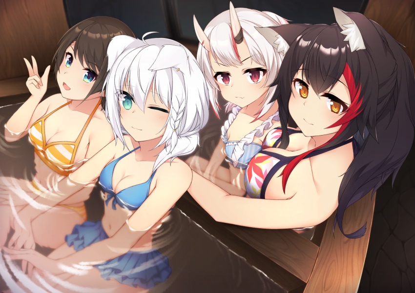 4girls animal_ear_fluff animal_ears bad_id bad_pixiv_id bath bathing bikini bikini_skirt black_hair braid breasts brown_hair cleavage commentary earrings fams_(group) fox_ears fox_girl front-tie_bikini_top front-tie_top green_eyes hair_between_eyes highres hololive horns indoors jewelry long_hair looking_at_viewer medium_breasts multicolored_hair multiple_girls nakiri_ayame nakiri_ayame_(hololive_summer_2019) navel official_alternate_costume ofuro one_eye_closed ookami_mio ookami_mio_(hololive_summer_2019) oozora_subaru oozora_subaru_(hololive_summer_2019) otaku_heishi partially_submerged red_eyes red_hair same-sex_bathing shared_bathing shirakami_fubuki shirakami_fubuki_(hololive_summer_2019) short_hair sidelocks single_braid skin-covered_horns small_breasts swept_bangs swimsuit symbol-only_commentary two-tone_hair virtual_youtuber water white_hair wolf_ears wolf_girl yellow_eyes