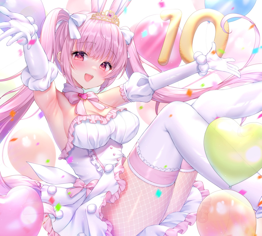 :d animal_ears armpits balloon bow breasts cleavage commentary_request confetti dress elbow_gloves feet_out_of_frame female fishnet_pantyhose fishnets frilled_dress frills gloves heart heart_balloon highres knee_up leg_up looking_at_viewer medium_breasts original pantyhose pink_bow pink_hair rabbit_ears red_eyes smile solo strapless strapless_dress thighhighs thighhighs_over_pantyhose tiara twintails white_dress white_gloves white_thighhighs yuyuko_(yuyucocco)