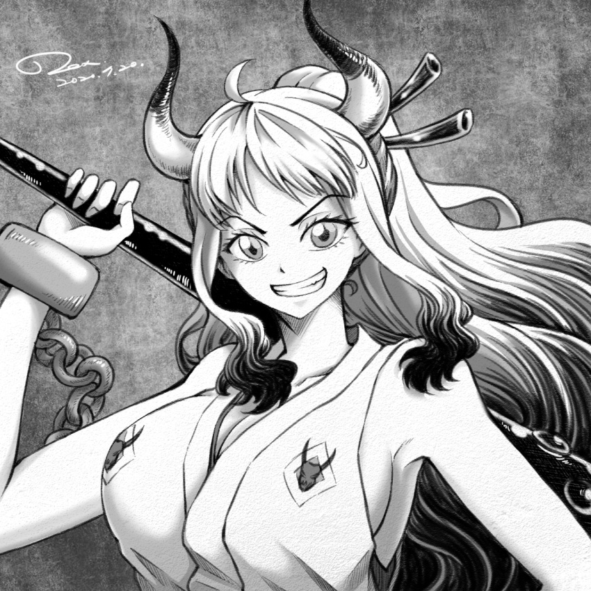 bare_shoulders breasts chains cleavage dated eyelashes female greyscale holding holding_sword holding_weapon horns large_breasts long_hair looking_at_viewer monochrome one_piece oni royboy sideboob signature sleeveless smile solo sword teeth upper_body weapon yamato_(one_piece)