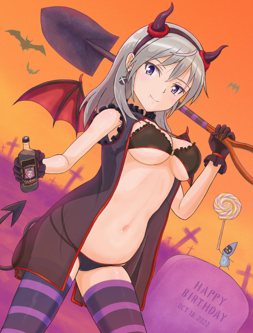 aurora_e._juutilainen black_bra black_gloves black_panties black_thighhighs blue_eyes blush bottle bra breasts cleavage closed_mouth cosplay demon_girl demon_horns demon_tail demon_wings earrings fake_horns fake_tail fake_wings female gloves grey_hair halloween highres holding holding_bottle horns jewelry keicha_(kmoekaki) large_breasts lingerie looking_at_viewer medium_hair navel oerba_yun_fang panties shiny_skin shovel sleeveless smile solo strike_witches:_aurora_no_majo tail thighhighs underwear wings world_witches_series