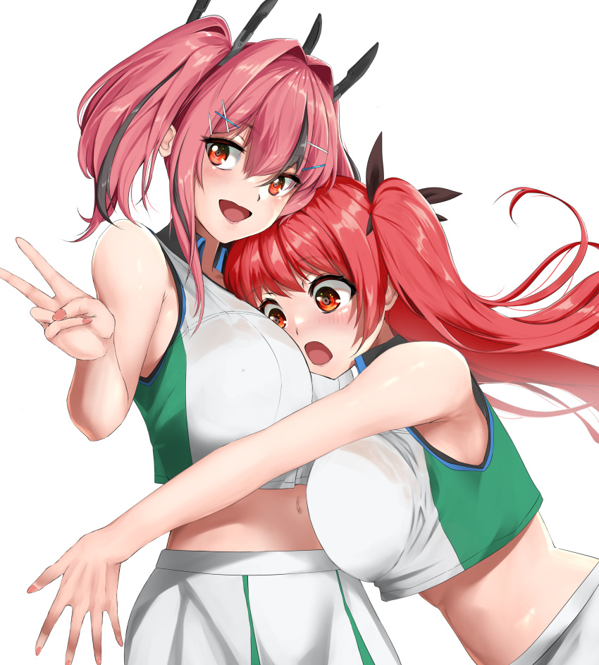 2girls :d absurdres alternate_costume azur_lane bare_shoulders black_ribbon blush breast_press breasts bremerton_(azur_lane) bremerton_(azur_lane)_(cosplay) bremerton_(scorching-hot_training)_(azur_lane) collared_shirt commentary_request cosplay cowboy_shot crop_top crop_top_overhang face_to_breasts grey_hair hair_between_eyes hair_intakes hair_ornament hair_ribbon hairclip highres honolulu_(azur_lane) large_breasts long_hair looking_at_viewer matching_outfits midriff multicolored_hair multiple_girls navel no_mole official_alternate_costume ojisan_f open_mouth partial_commentary pink_eyes pink_hair pink_nails red_eyes red_hair ribbon shirt sidelocks simple_background skirt sleeveless sleeveless_shirt smile sportswear standing streaked_hair tennis_uniform twintails two-tone_hair two-tone_shirt two-tone_skirt v white_background white_shirt white_skirt x_hair_ornament