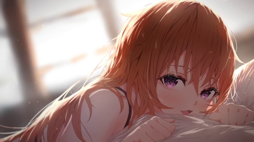 :3 :d absurdres bare_shoulders bed_sheet blurry blurry_background blush brown_hair commentary_request female hair_between_eyes highres konoe_kanata light_particles long_hair looking_at_viewer love_live! love_live!_nijigasaki_high_school_idol_club lying on_stomach open_mouth purple_eyes revision smile solo straight_hair tanaka212 upper_body window