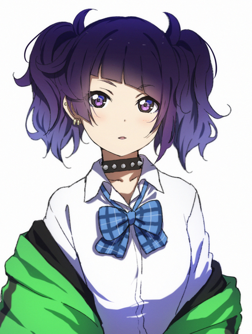 bad_id bad_pixiv_id black_collar blue_bow bow collar collared_shirt commentary_request diagonal_bangs dress_shirt ear_piercing earrings female green_jacket highres icehotmilktea idolmaster idolmaster_shiny_colors jacket jewelry looking_at_viewer off_shoulder open_clothes open_jacket parted_lips piercing plaid plaid_bow purple_eyes purple_hair shirt simple_background solo studded_collar tanaka_mamimi twintails upper_body white_background white_shirt