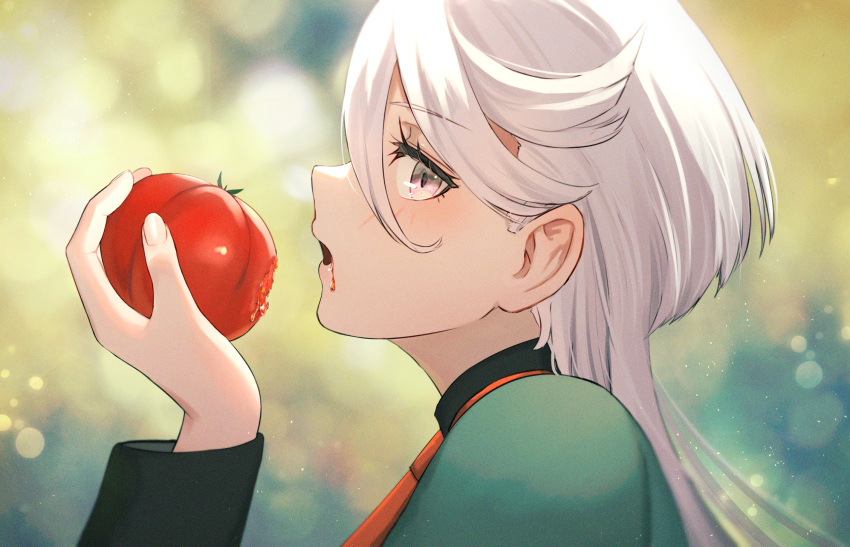 asticassia_school_uniform blurry blurry_background dolce_(dolsuke) eating female food from_side fruit fruit_juice green_jacket grey_eyes grey_hair gundam gundam_suisei_no_majo hair_between_eyes highres holding holding_food holding_fruit jacket long_hair looking_to_the_side miorine_rembran open_mouth school_uniform solo swept_bangs tomato