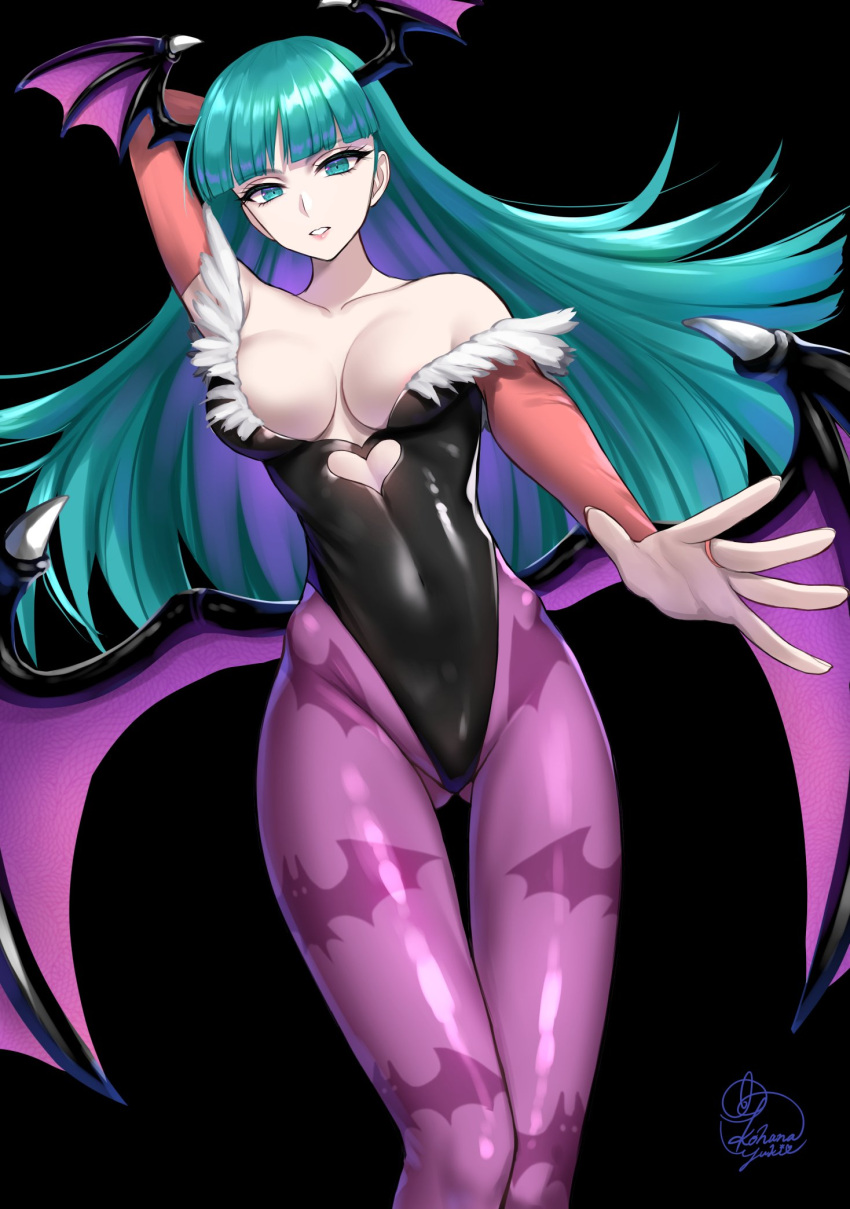 animal_print ass_visible_through_thighs bare_shoulders bat_print bat_wings black_legwear black_leotard breasts bridal_gauntlets cleavage clothing_cutout commentary_request cowboy_shot demon_girl female green_eyes green_hair head_wings heart_cutout highleg highleg_leotard highres kohanayuki leotard long_hair looking_at_viewer low_wings medium_breasts morrigan_aensland pantyhose print_legwear purple_legwear purple_wings signature solo vampire_(game) wings