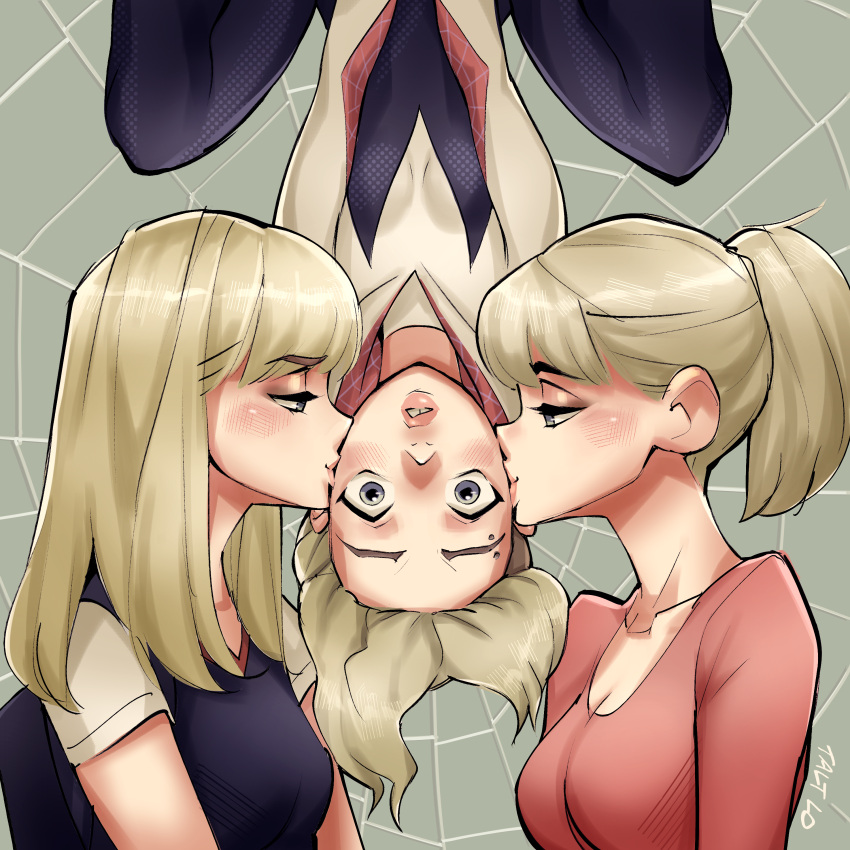 3girls absurdres animification artist_name blonde_hair blue_eyes blush bodysuit breasts cleavage double_cheek_kiss eyebrow_piercing gwen_stacy highres kissing kissing_cheek marvel medium_breasts multiple_girls multiple_persona parted_lips piercing selfcest silk spider-gwen spider-man:_into_the_spider-verse spider-man_(series) spider-man_3 spider-verse spider_web spider_web_print talt_lo teeth the_amazing_spider-man upside-down upside-down_kiss white_bodysuit yuri