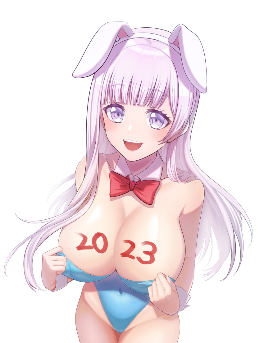 2023 :d absurdres adjusting_clothes adjusting_leotard animal_ears bare_arms bare_shoulders blue_leotard blunt_bangs blush body_writing bow bowtie breasts cameltoe chinese_zodiac cleavage collarbone commentary covered_navel cowboy_shot d4dj detached_collar fake_animal_ears female from_above groin hairband hands_up highleg highleg_leotard highres izumo_saki kzu_(kougami) large_breasts leotard long_hair looking_at_viewer looking_up open_mouth playboy_bunny purple_eyes purple_hair rabbit_ears red_bow red_bowtie simple_background smile solo standing strapless strapless_leotard teeth upper_teeth_only very_long_hair white_background white_hairband wrist_cuffs year_of_the_rabbit