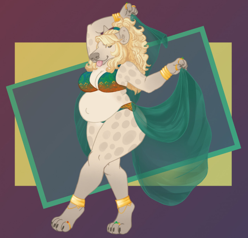 anklet anthro belly belly_dancer big_belly big_breasts blonde_hair bones_(deermary) bra bracelet breasts clothed clothing dancing deermary female hair harem_outfit hi_res holding_clothing holding_object hyena jewelry leucistic long_hair mammal navel paws pregnant pregnant_anthro pregnant_female ring_(jewelry) slightly_chubby slightly_chubby_female solo spots spotted_hyena thick_thighs tongue tongue_out translucent translucent_clothing underwear yellow_eyes