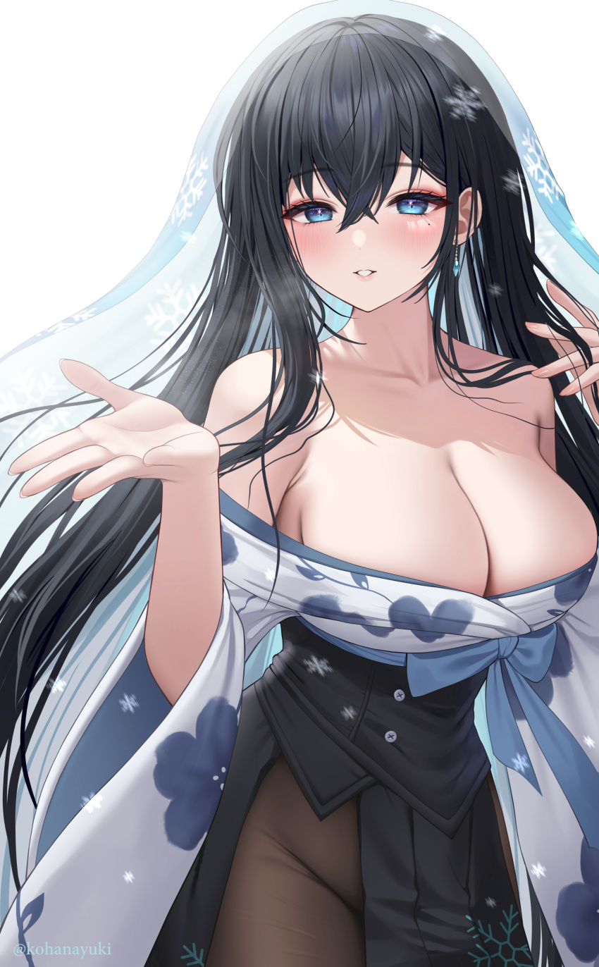 absurdres asatoke_sarasa bare_shoulders black_hair black_skirt blue_eyes blue_hair blush breasts brown_legwear cleavage collarbone commentary_request cowboy_shot female groin high-waist_skirt highres indie_virtual_youtuber japanese_clothes kimono kimono_pull kohanayuki large_breasts long_hair looking_at_viewer mole mole_under_eye multicolored_hair official_alternate_costume pantyhose parted_lips skirt smile snowflake_print snowflakes solo twitter_username two-tone_hair veil very_long_hair virtual_youtuber white_kimono yukata