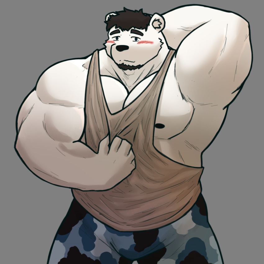 2020 alfredblaze anthro bear big_muscles black_nose blush bottomwear clothing fur hi_res huge_muscles humanoid_hands male mammal muscular muscular_anthro muscular_male nova_(alfredblaze) pants polar_bear shirt solo topwear ursine white_body white_fur