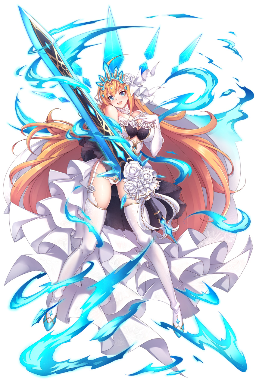 aata1007 ahoge ass_visible_through_thighs blue_eyes breasts bride elbow_gloves female full_body garter_straps gloves high_heels highres holding holding_weapon long_hair looking_at_viewer open_mouth orange_hair pecorine_(overload)_(princess_connect!) pecorine_(princess_connect!) princess_connect! solo sword thighhighs thighs tiara very_long_hair weapon