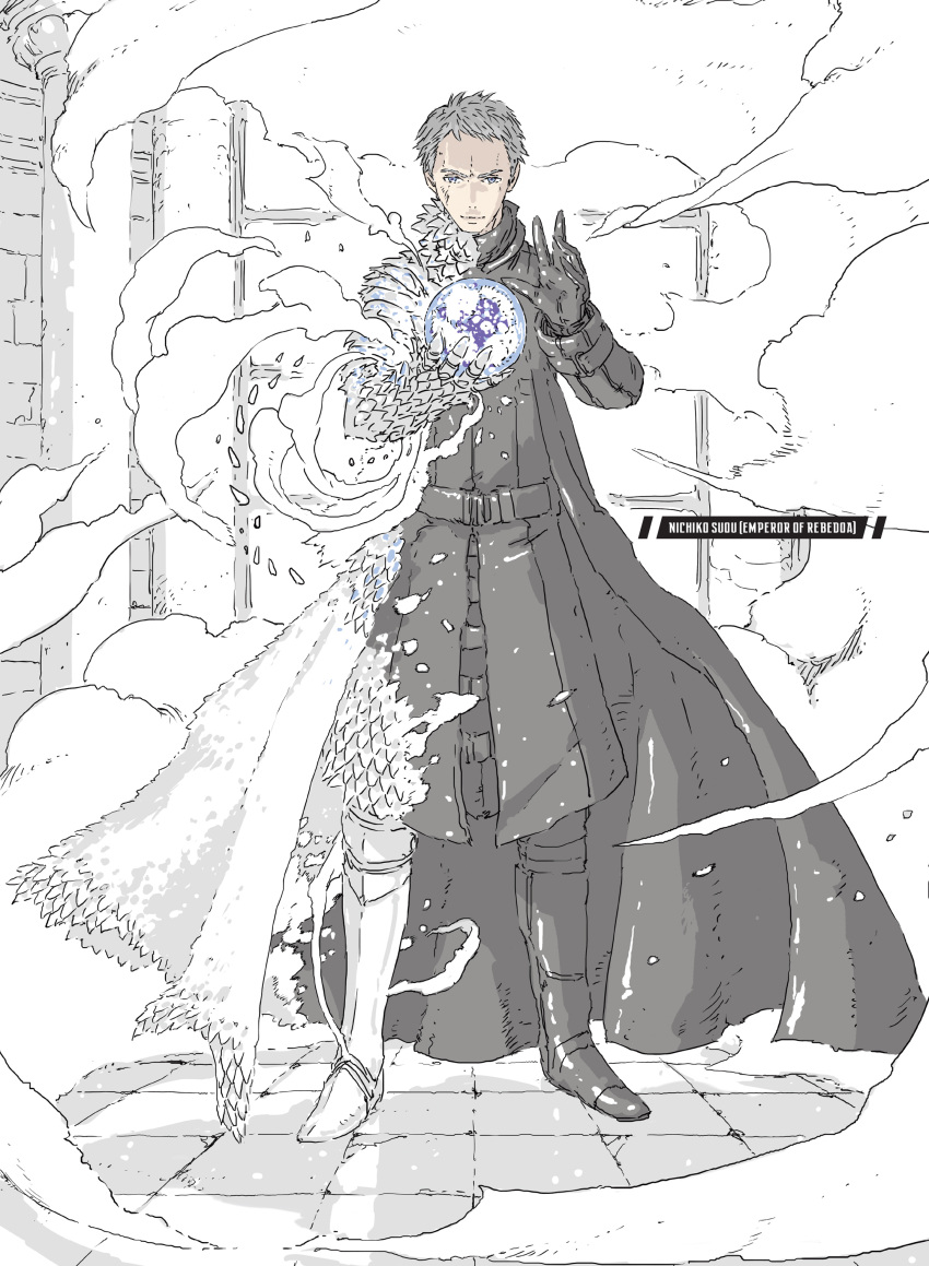 1boy absurdres alternate_language armor blue_eyes boots character_name coat english_text gauntlets gloves greaves grey_hair highres limited_palette male_focus nihei_tsutomu ningyou_no_kuni non-web_source official_art short_hair smoke solo standing suou_nichiko transformation white_armor