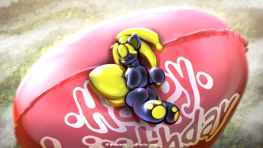 16:9 animate_inanimate balloon bee_(helioshigh) elysianelly glistening glistening_body hi_res inflatable inflatable_transformation inflation latex living_inflatable lying male on_back outside pool_toy solo transformation widescreen