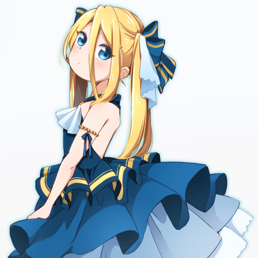 armlet bare_shoulders beads blonde_hair blue_dress blue_eyes blue_ribbon commentary_request dress female flat_chest from_side hair_between_eyes hair_ribbon highres long_hair misora_deco original ribbon simple_background sleeveless sleeveless_dress solo striped striped_ribbon twintails white_background