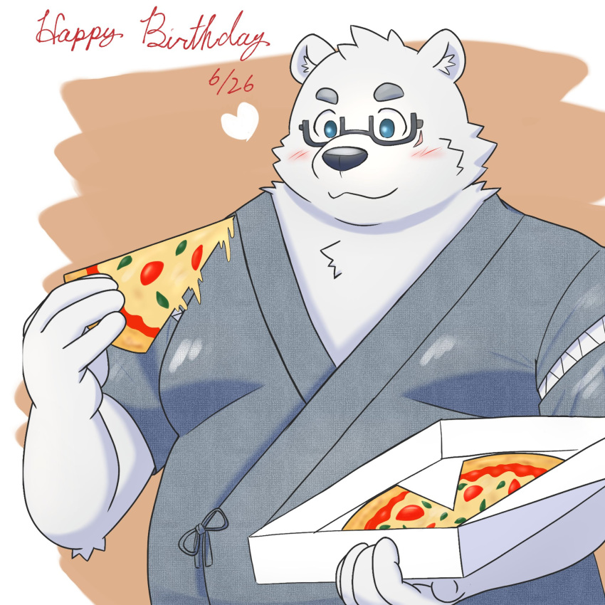 1:1 2022 anthro bear belly big_belly black_nose blush container eyewear food glasses hi_res humanoid_hands jinbei_(clothing) kemono male mammal overweight overweight_male pizza pizza_box pizza_slice polar_bear solo text ursine white_body yaki_atsuage