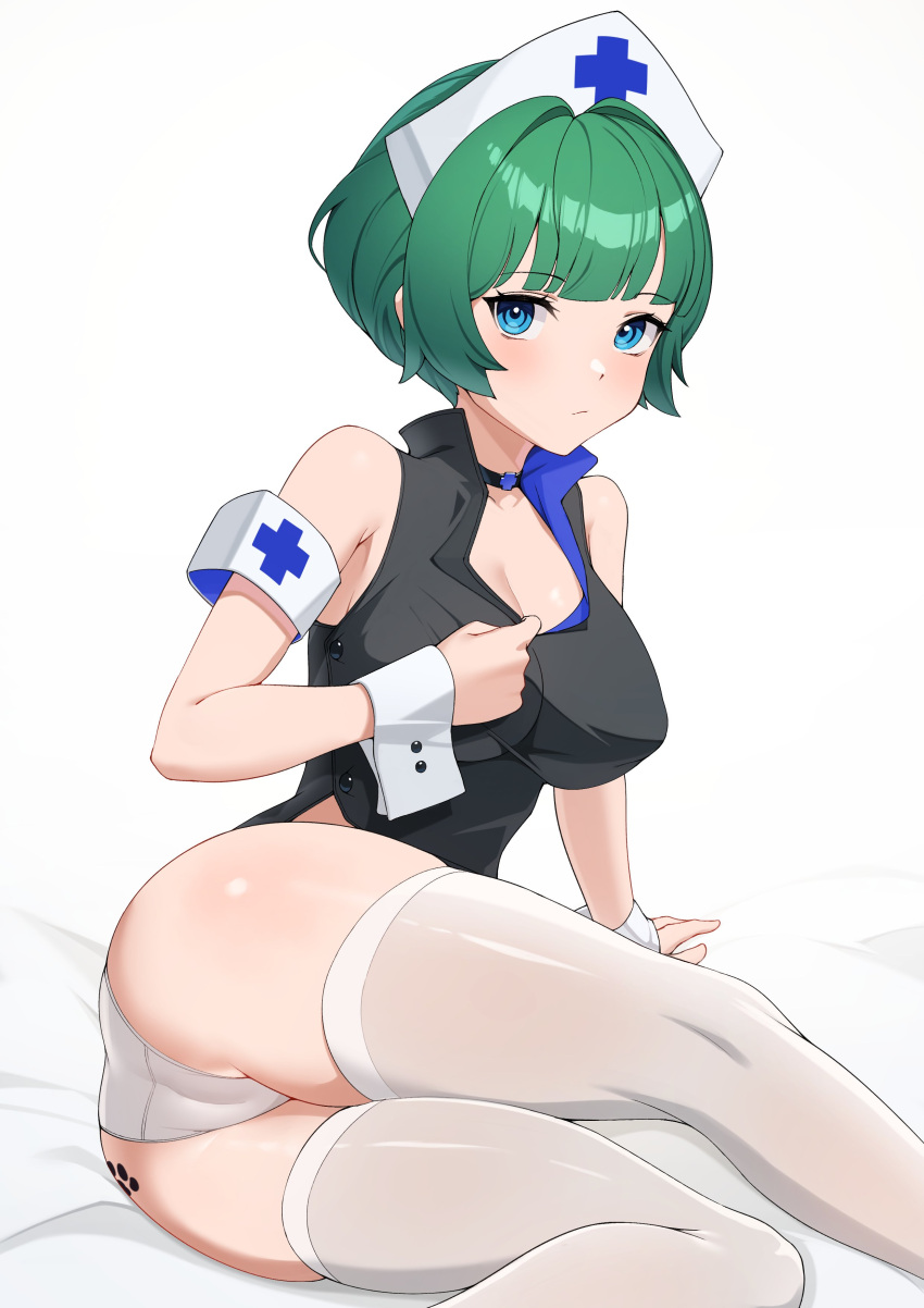 absurdres armband ass bare_shoulders black_choker black_shirt blue_eyes breasts cameltoe choker cleavage closed_mouth covered_nipples ett expressionless female green_hair hat highres large_breasts last_origin looking_at_viewer no_pants nurse_cap panties revision shirt short_hair simple_background sitting skindentation sleeveless sleeveless_shirt solo thighhighs underwear vanilla_a1 white_background white_headwear white_legwear white_panties wrist_cuffs yokozuwari