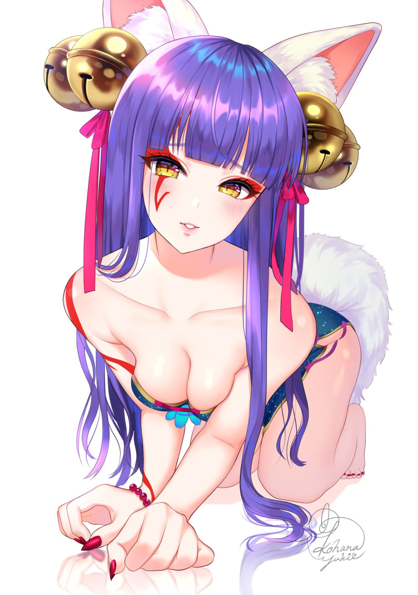 animal_ears bangs barefoot bell blunt_bangs blush breasts cleavage collarbone commentary_request daji_(monster_strike) facepaint female fox fox_ears hair_bell hair_ornament hair_ribbon highres kitsune kohanayuki lipgloss lips medium_breasts monster_strike purple_hair red_nails red_ribbon ribbon seductive_smile signature simple_background slit_pupils smile teeth white_background yellow_eyes