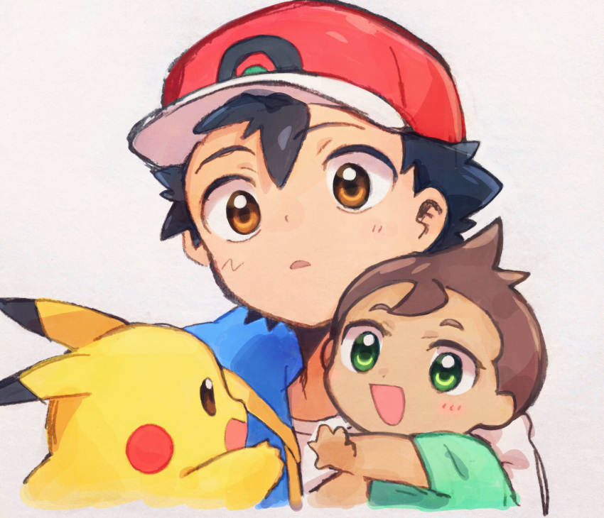 2boys :d baseball_cap black_hair blue_jacket blush brown_eyes brown_hair commentary_request green_eyes hair_between_eyes hat highres jacket kurage2535 lei_(pokemon) lolicon multiple_boys open_mouth pikachu pokemon pokemon_(anime) pokemon_(creature) pokemon_journeys satoshi_(pokemon) shirt smile spread_fingers white_background white_shirt