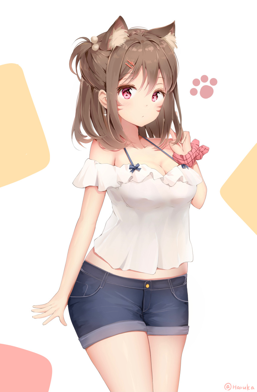 animal_ear_fluff animal_ears breasts brown_hair cat_ears cat_girl cleavage denim denim_shorts earrings expressionless facial_mark female haruka_poi highres jewelry medium_breasts off-shoulder_shirt off_shoulder original pink_eyes shirt short_hair short_sleeves shorts solo white_shirt